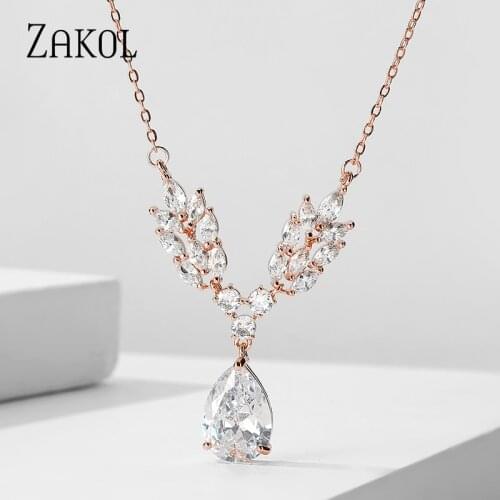 ZAKOL Classic Leaf Drop Shape CZ Stone Cubic Zirconia Jewelry for Women Wedding Party Luxury Pendant Necklace FSNP2150