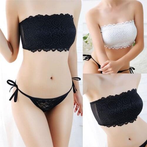 Women Ladies Fashion Stretch Sexy Lace Bra Push Up Wire Free Three Hook-and-eye Underwear Padded Strapless Seamless Tube Bra