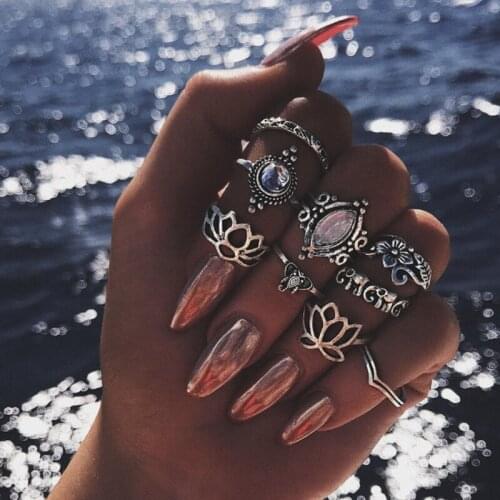 10 Pcs/Set Female Rings Vintage Elephant Openwork Lotus Crown Crystal Geometry Joint Silver Color Ring Set Bohemia Beach Jewelry