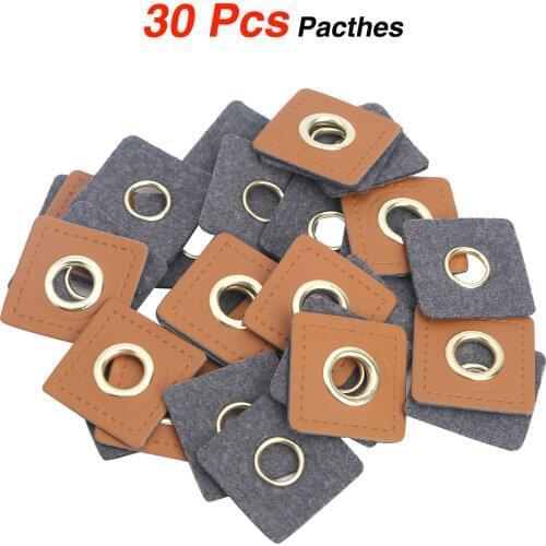 30 Sew On Clothing Patches PU Leather Badges Metal Brass Eyelets Grommets Patch DIY Knitting Sewing Applique for Purse Bag Craft