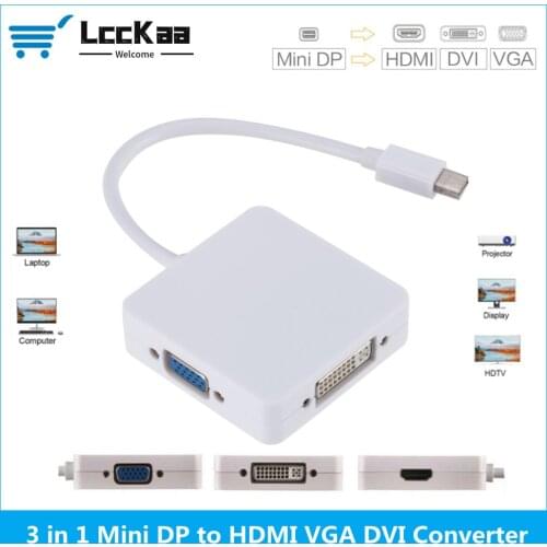 LccKaa Mini DP DisplayPort to HDMI VGA DVI Adapter 3 in 1 Mini DP Cable Converter for MacBook Pro Air PC Projector Laptop HDTV