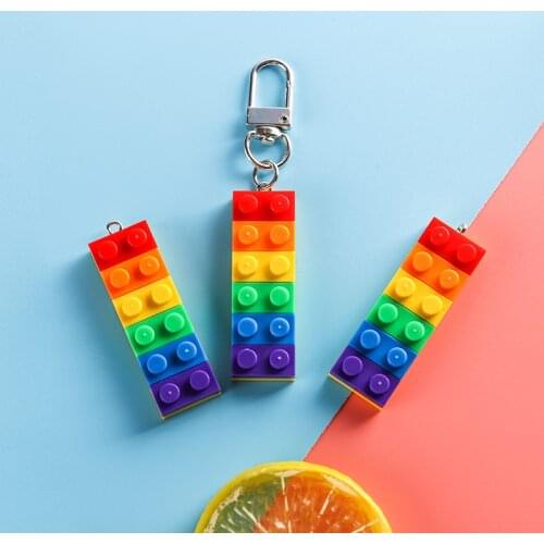 2021 New Cute Rainbow Blocks Keychain Keyring For Women Girl Jewelry Cartoon Toy Brick Handbag Key Holder Decoration Kids Gift