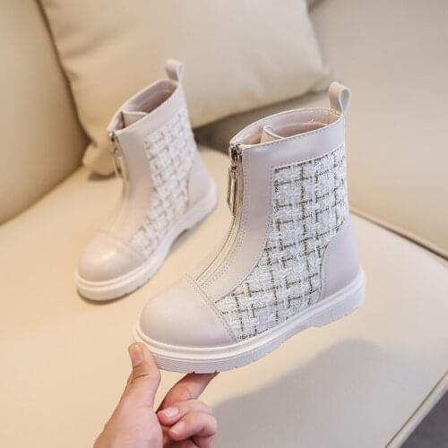 Fleece Childrens Shoes Front Zipper Elegant Princess Plaid Kid Martin Boots Fashion Microfiber PU Leather Girls Plush Boots
