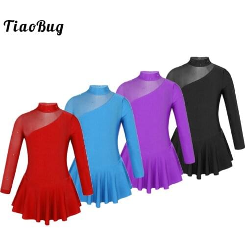 Kids Girls Long Sleeves Mock Neck Ballet Dress Tulle Splice Cutouts Back Figure Ice Skating Roller Skating Dance Leotard Dress
