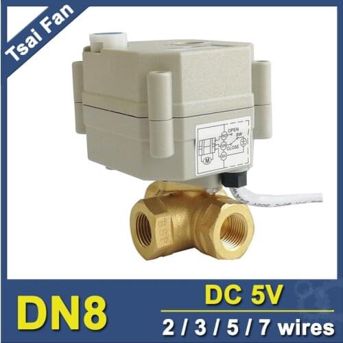 TF8-BH3-B DC5V Metal Gear Actuated Electric Valve With Manual Override Brass 3 Way Horizontal T/L Type 1/4'' DN8 2/3/5/7 Wires