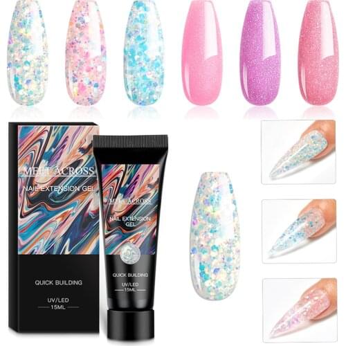 MEET ACROSS Glitter Nail Extension Gel 15 ML Poly UV Nail Gel Finger Builder Acrylic Gel Color Nail Extend Jelly Nail Gel