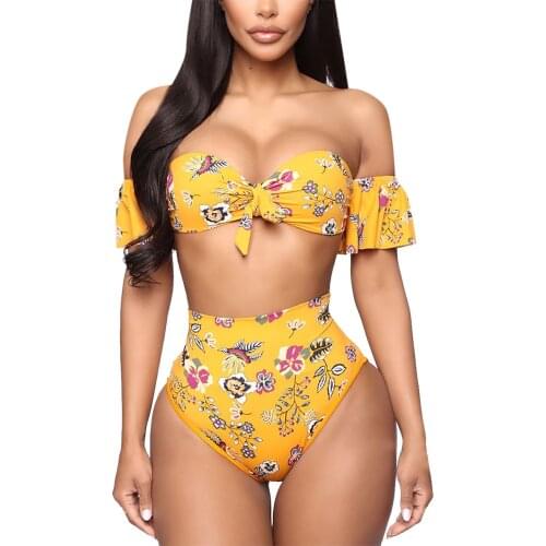 High Waist Bikini set Swimwear Bikini Push Up Women Off Shoulder Floral Printed Drawstring Lace Sexy Female Split Swimsuit