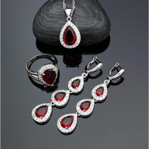 925 Silver Jewelry Sets For Women Red Water Drop Cubic Zirconia White Crystal Long Earrings Ring Pendant Necklace Kit
