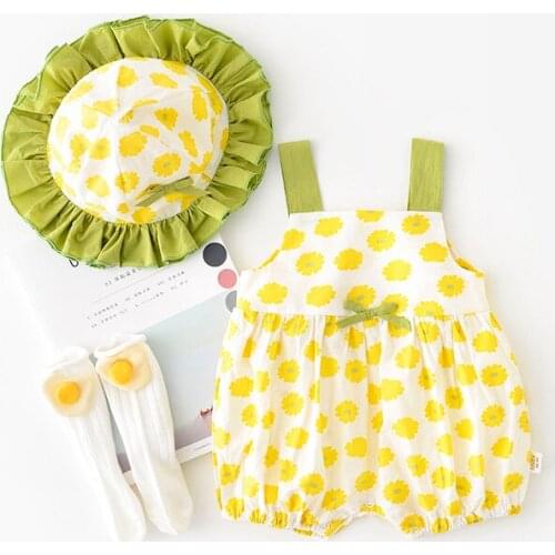Baby New Born Baby Girls Clothes Summer Sunsuit Floral Print Princess Rompers+Sun Hat Brief Set Infant Outfit Jumpsuit Clothes
