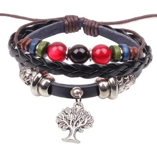 Fashion Casual Multilayer Bracelet Cuff for Women Men Beads Tree of Life Charm Braided Leather Wrap Bangle Wristband Unisex Gift
