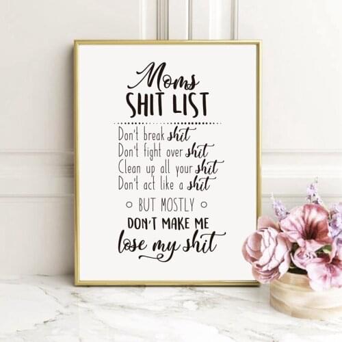 Funny Moms Rules Quote Canvas Print Black White Wall Picture Kids Room Decor , Moms Shit List Quotes Wall Art Painting Picture