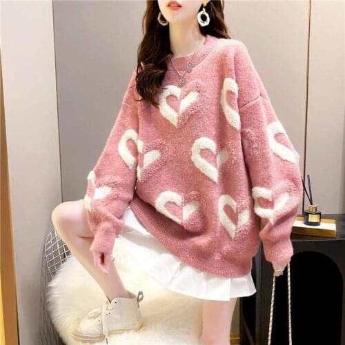 2021 New Autumn Winter Women Love Sweater Soft Loose Casual Round Neck Knitted Pullover Chic Love Heart Printing Jumper Y242