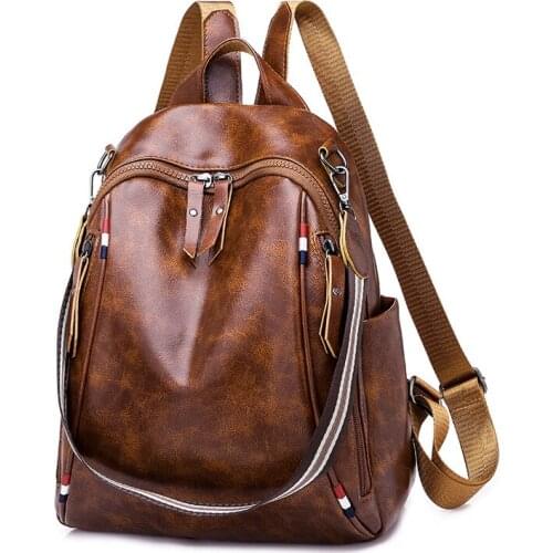 2021 New Women PU Leather Backpacks Brown Color High Quality Female Vintage Shoulder Backpack For Lady