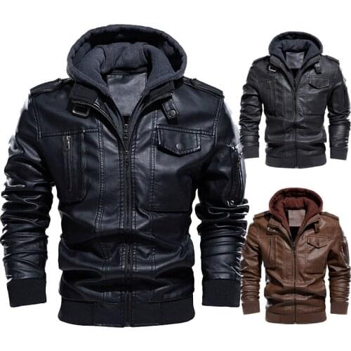 2021 Autumn Winter New Arrive Mens Top Quality Sports Outerwear Hooded Leather Motorcycle Race Biker Fleece Jacket Coat US S-3XL