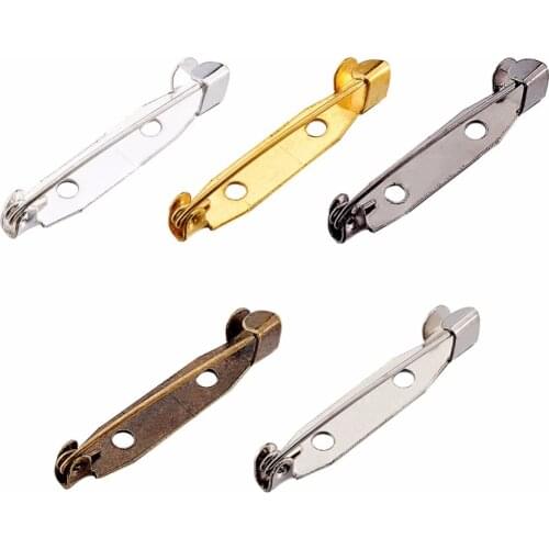 Pandahall 100pcs 30x5x6mm 2 Holes Iron Brooch Pin Back Safety Catch Bar Pins for DIY, Mixed Color, Hole: 1.5mm; Pin: 0.5mm