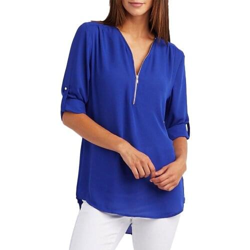 Plus Size Women Casual Blouse Summer V Neck Half Sleeve Shirts Office Lady Sexy Solid Color Zipper Shirt Loose Daily Life Tops 2
