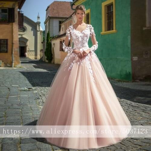 Tempring Blush Pink Wedding Dresses Long Sleeves A Line Vestido De Noiva 2021 Scoop Lace Appliques Bridal Married Wedding Gowns