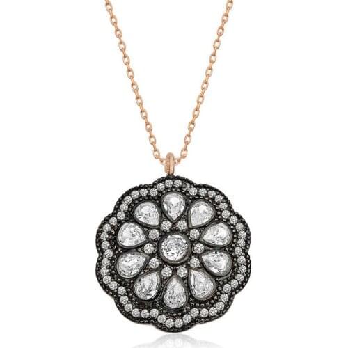 Silverlina Silver Flower Pattern Diamond Montür Necklace