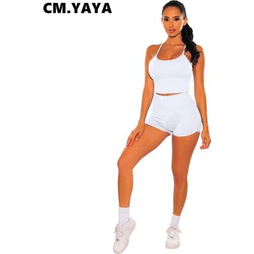 CM.YAYA Women Set Solid Sleeveless Strap O-neck Crop Tops Strechy Shorts Two 2 Piece Sets Active Tracksuit Summer Outfits 2021