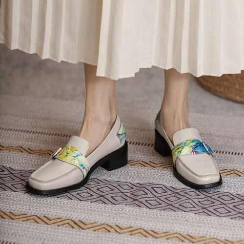 New Genuine Leather Womens Shoes Fashion Color Belt Buckle Handmade Pumps Square Toe Thick Heel Slip-On Loafers Shoes for Women
