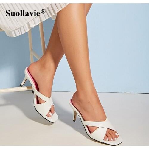 Stiletto Shoes For Women Mid-heel Slippers Summer 2021 Flip Flop Cross Strap Femme Sandals White Plus Size 35-42