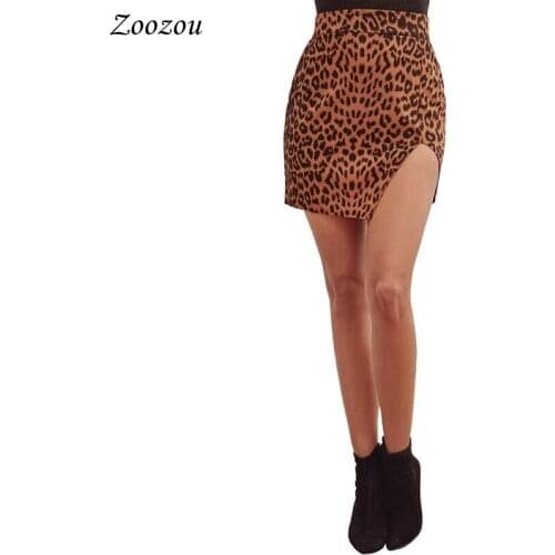 Women High Waisted Leopard PU Leather Mini Skirts Irregular Faux Leather Sexy Tight Short Pencil Skirt Side Split Hot Skirts