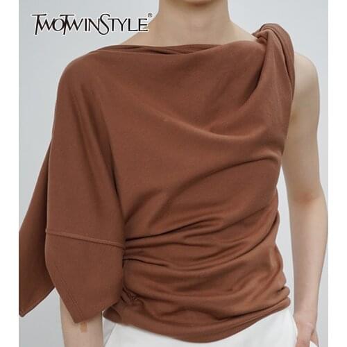 TWOTWINSTYLE White Minimalist Tops For Women Irregular Collar Short Sleeve Asymmetrical T Shirt Female Fashion New Clothing 2021