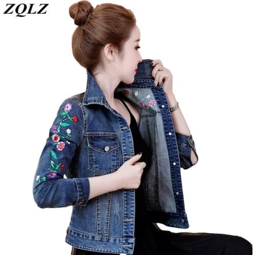 ZQLZ Plus Size 5XL Floral Women Denim Coat Embroidery Short Basic Ladies Jean Jacket Slim Flower Outwear Jackets 2020 New