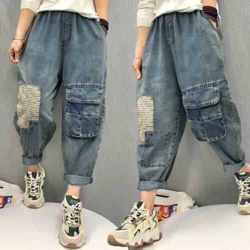 Women 2021 Spring Summer Fashion Loose Big Pocket Trousers Female High Waist Harem Pants Ladies Thin Patchwork Jeans P09