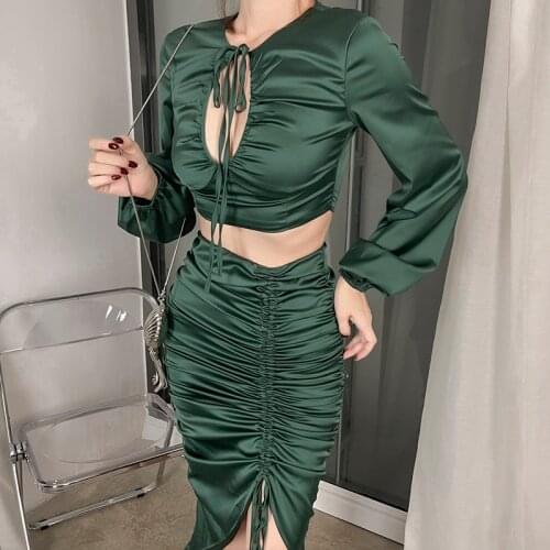 Green Long Sleeve Crop Top And Skirt Two Piece Set Women Festival Clothing Drawstring Ruched Midi Skirt Matching Sets Female