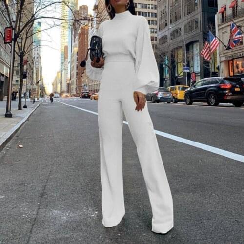 Women Elegant Jumpsuit 2021 Autumn Fashion Lantern Sleeve Mock Neck Jumpsuits Female Solid Color Casual Office Work Overalls XL