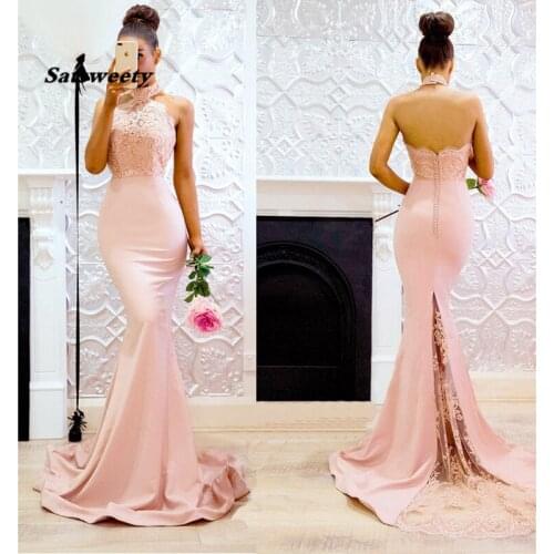 Pretty Pearl Pink Lace Mermaid Honor Of Maid Dress Appliques Halter Off Shoulder Sexy Long Bridesmaid Dress Formal Party Dress