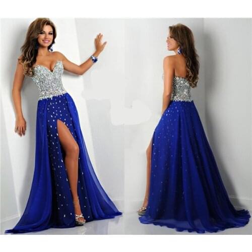 In stock 2017 New hot Fashion Sweetheart Crystal Beaded High Slit Long A Line Royal Blue Chiffon Evening Dress Prom Party Dress