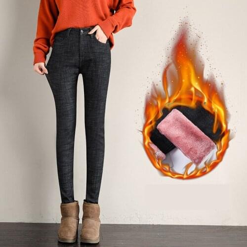 Winter Pants Women 2019 Warm Thick Jeans Female Casual High Waist Plus Velvet Trousers Elastic Skinny Pencil Pants Blue Black