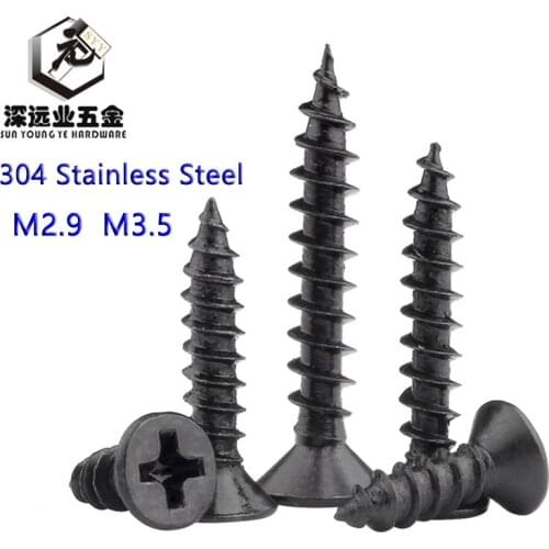 100pcs M2.9 M3.5 SS304 With Black Zinc Plating Cross Recessed Flat Head Countersunk Self-tapping Phillips Flat Wood Screws