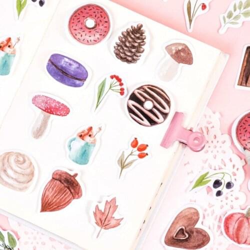 46Pcs Boxed Sticker Decorative Stationery Stickers Scrapbooking DIY DiaryAlbum Food mushroom cake donut pumpkin hand account 4CM
