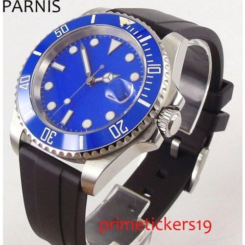 Automatic movement 40mm PARNIS blue dial date rubber strap sapphire glass blue ceramic bezel mens watch PA1206