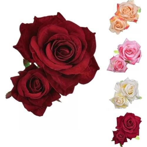 Handmade Velvet Double Rose Flower Hair Clip Women Girls Wedding Flamenco Dancer Hairpins Bridal Bridesmaid Barrettes Hair Tools