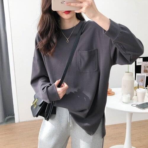 Basic Women Shirt Pockets 2021 Spring Autumn Loose Long-sleeved O neck Solid Color Casual Fashion Tops Female YoYiKamomo