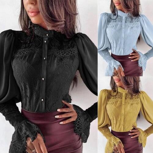 Office Lady Vintage Blouse Female Lady Autumn Fashion Shirt Solid Color Stand Collar Long Flared Sleeve Lace Buttons Down Shirt