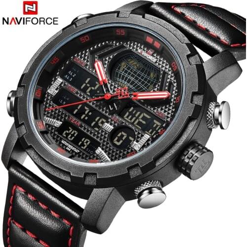 New NAVIFORCE Mens Watches Top Brand Luxury Sport Watch Men Leather Strap 30M Waterproof Miliary Dual Display Wrist Watch Clock