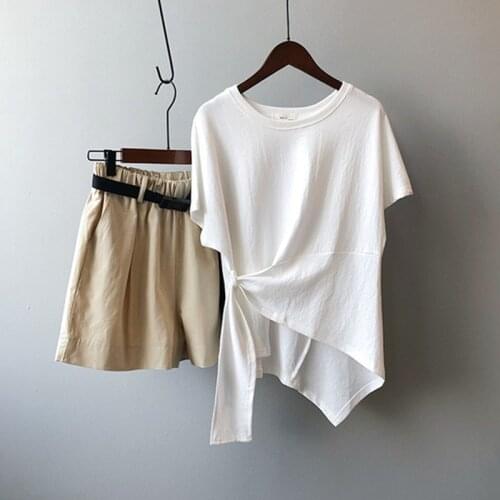 Super Chic Side Lace Up Asymmetrical T Shirts Women Solid Cotton Tshirts 2021 Summer Korean Style Basic Office Lady Loose Tops