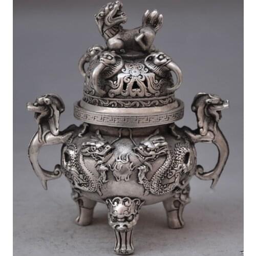 Chinese buddhist manual old silver copper dragon lion statues incense burner