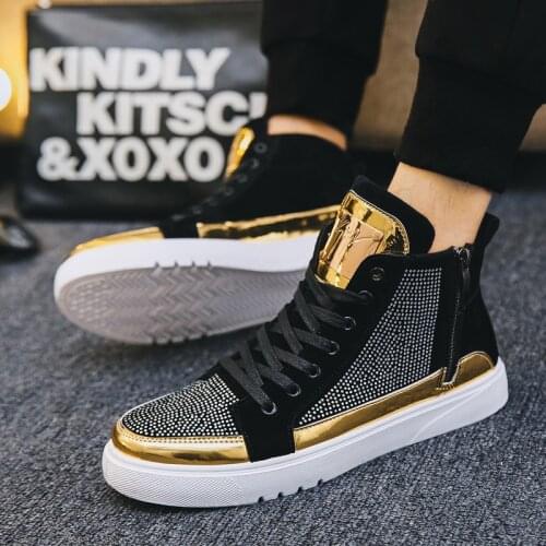 Men High Top Sneakers Gold Glitter Sneakers Lace Up Crystal Platform Shoes Man Vulcanize Shoes Sequins Krasovki Bling Male Shoes