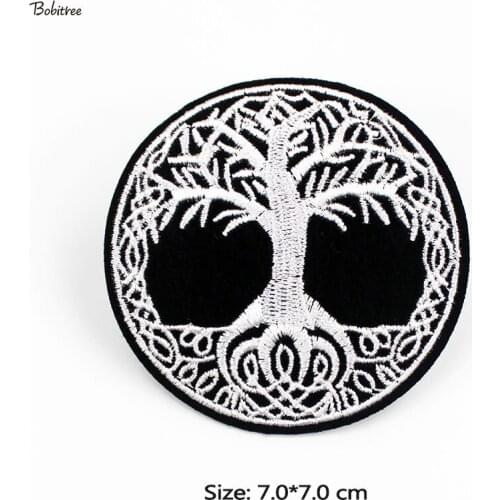 Round badge Size 7.0*7.0 cm White Trees Embroidered Patches for Clothes Iron on Stickers for Jacket Backpack Badges