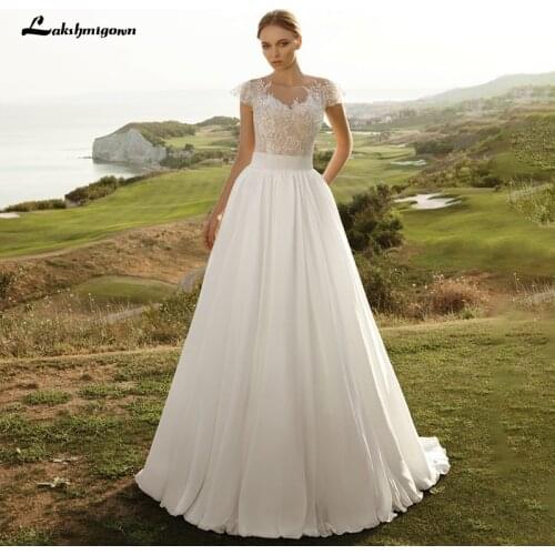 Lakshmigown Beach A Line Wedding Dresses with Bow robe de mariee V Neck Lace Long Chiffon Boho Bridal Gowns vestido de novia