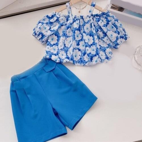 Summer Children Clothes Set 2021 New Fashion Blue Floral Sling Top + Solid Color Shorts 2-Piece Set Of Girls Clothes