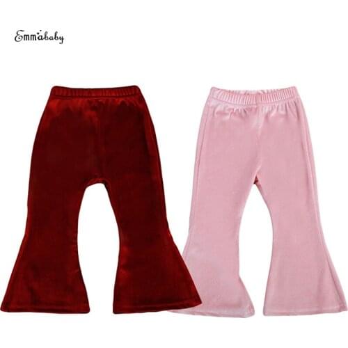 Emmababy Fashion Toddler Kids Girls Pleuche Pant Solid Color Bell Bottom Wide Leg Boho Pants Fare Trouser Children Clothes 1-5Y