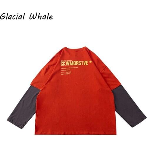 GlacialWhale Long-sleeved Mens Autumn Fake Two-piece Orange T-shirt Male Hip Hop Streetwear Loose Clothes Trendy Mens Clothing