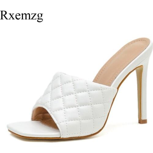 Rxemzg square head peep toe high heels sexy slip on thin heels sewing gingham fashion mules summer shoes woman mules party 35-42